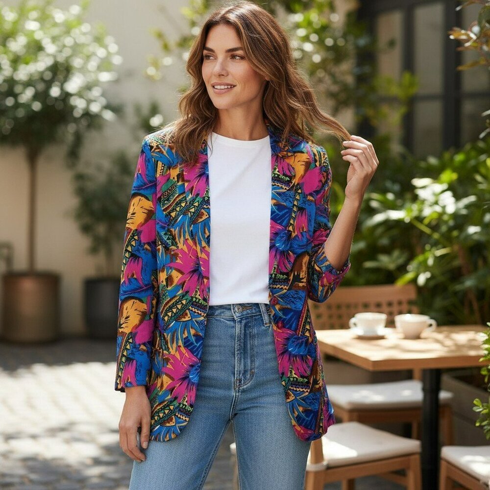 Vintage EVA Blue Pink Orange Tropical Lightweight Blazer Jacket Women Medium Y2K